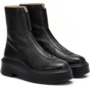 Women's Black  Leather Platform Chelsea Boots Front Zip Chunky Combat Bootie